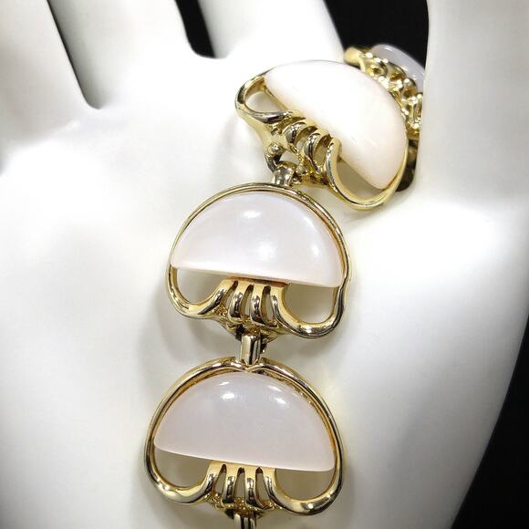 Coro White Moonglow Lucite Half Moon Bracelet, Gold Plated, 1950s Vintage - Picture 2 of 10